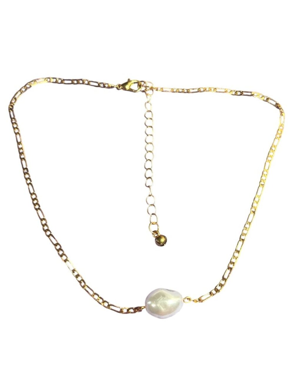 Plastic Faux Pearl Bead Necklace Goldtone Figaro Chain Lobster Clasp